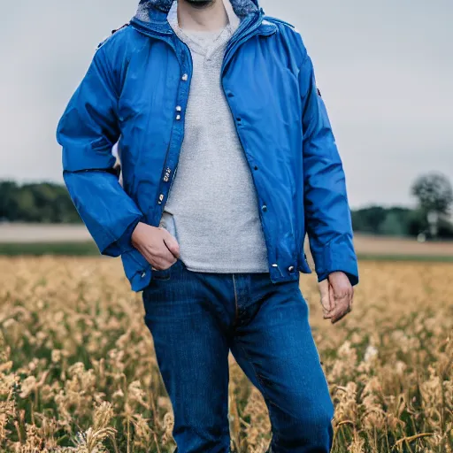 Image similar to steven bonnell ii in a blue jacket walking in a field, 2 0 mm sigma lens, sony a 7 siii