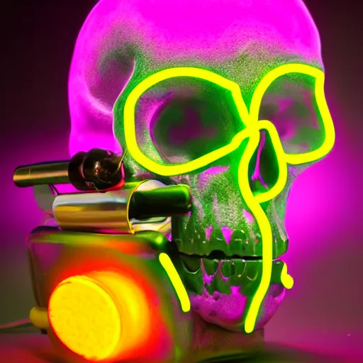 Prompt: Fuzzy neon skull smoking a pipe, studio photography