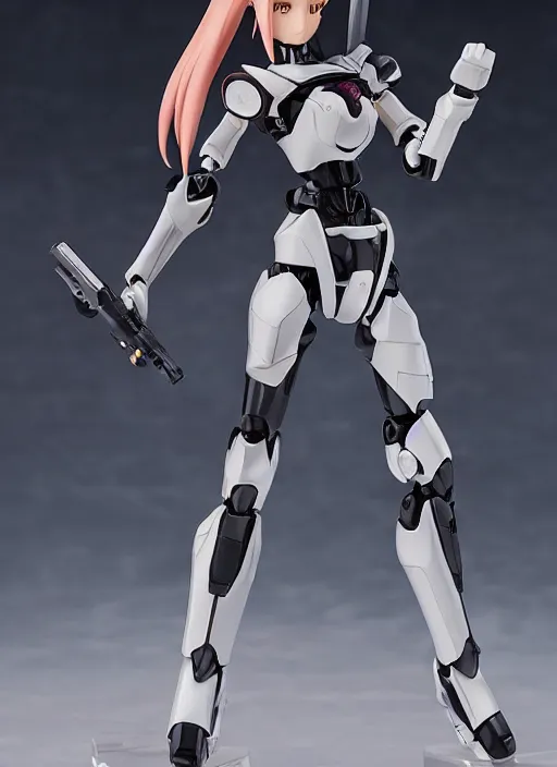 Image similar to toy design,Girl in mecha cyber Armor, portrait of the action figure of a girl, with bare legs， holding a weapon，SCI-FI style， anime figma figure, studio photo, 70mm lens,