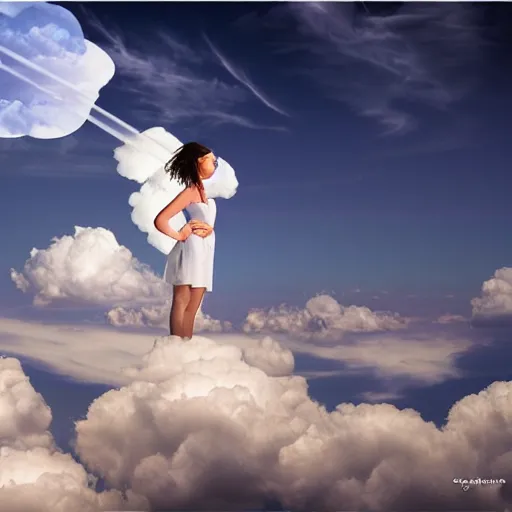 Image similar to goddess wearing a cloud fashion on the clouds, photoshop, colossal, creative, giant, digital art, photo manipulation, clouds, sky view from the airplane window, covered in clouds, girl clouds, on clouds, covered by clouds, a plane, plane window point of view