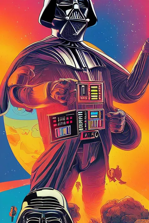 Prompt: the most amazing dream of disc jockey, darth vader science fiction astronauts, syd mead, dan mumford, moebius, hd, vibrant color, high contrast, digital illustration, marvel comicbook cover