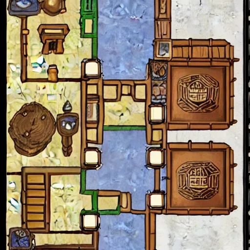 Prompt: tavern interior dungeons and dragons color map, dungeondraft, many room, fireplace