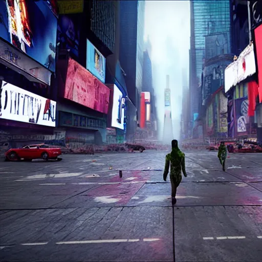 Image similar to Zombies walking in Times Square, realistic artstyle, wide shot, dramatic lighting, octane render, hyperrealistic, high quality, highly detailed, HD, beautiful, cinematic, 8k, unreal engine, facial accuracy, symmetrical