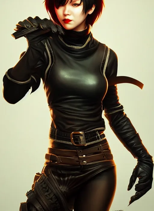 Image similar to rogue, leather bandit outfit!!! beautiful and athletic short hair female!! gorgeous face and eyes!! character concept art, sharp focus, octane render! unreal engine 5! highly rendered!! trending on artstation!! detailed linework!! illustration by artgerm, wlop, and chie yoshii