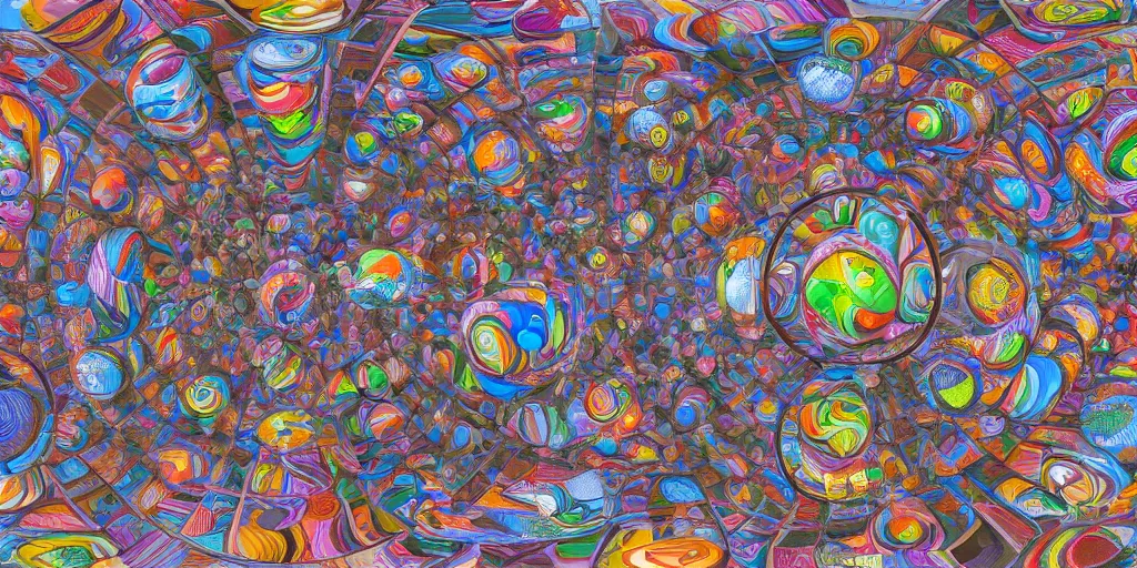 Image similar to 3 6 0 panorama escher style pattern of colorful balls, sculpture in the ancient greek style