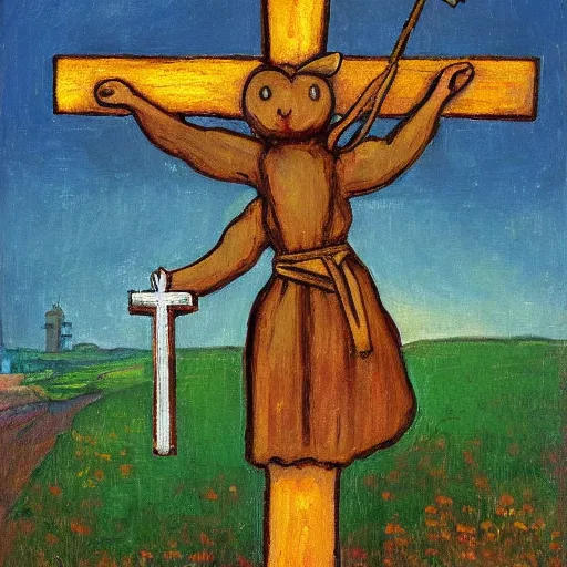 Prompt: a rabbit holding a cross, in front of an old wooden russian church, in the style of ilya repin