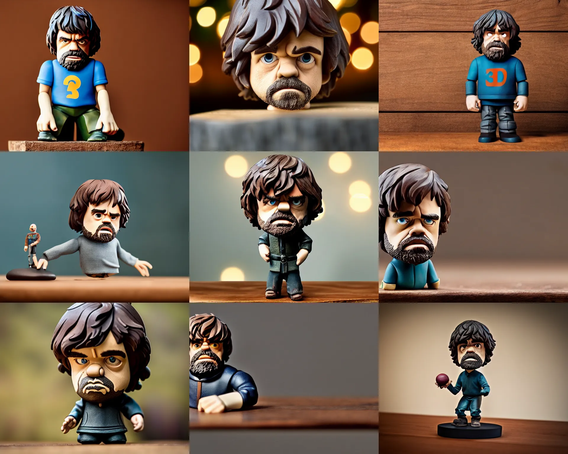 Prompt: peter dinklage figurine by pixar sad bokeh on wooden table.