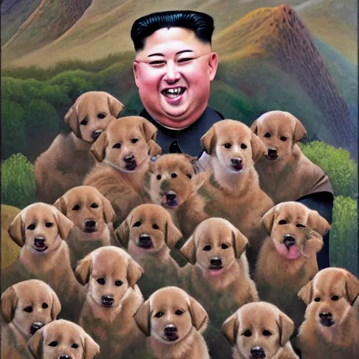 Prompt: oil painting of Kim Jong-un smiling and standing above a crowd of cute puppies in a mountain range, 8k, highly detailed, highly intricate,