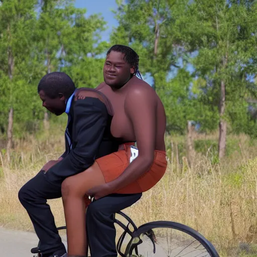 Image similar to a little black person rides on the shoulder's of a huge 7 ft tall 5 0 0 pound black man. hyperreal - h 6 4 0