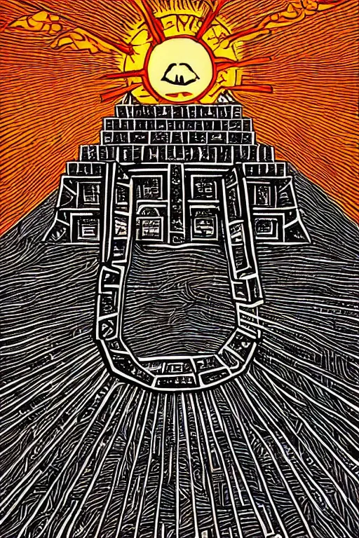 Prompt: a blazing geometric sun above a monolithic temple, detailed, cell shaded, 4 k, warm colours, concept art, by stanley donwood,