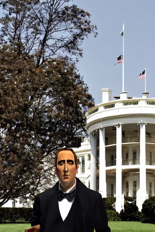 Image similar to A beautiful polished gold statue of Nicholas Cage in front of the White House, photo by Mann