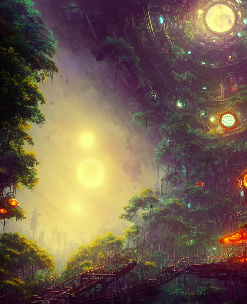 Image similar to building by albert bierstadt, anime cgsociety rainforest junglepunk elysian flowers nature bioshock at dawn at dusk meadow tron matte painting studio ghibli alien futuristic cosmic poppy wilderness fantasy liberty city bladerunner 2 0 4 9 fisheye azeroth, archdaily, wallpaper, highly detailed, trending on artstation.