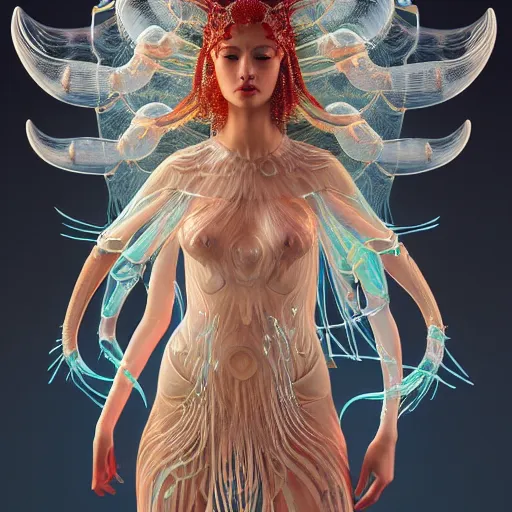 Prompt: Full body photo of the most beautiful goddess, she has a jellyfish phoenix head's, by Tooth Wu, trending on Artstation, digital art, symmetrical artwork, cinematic, hyper realism, high detail, octane render, 4k, 8k