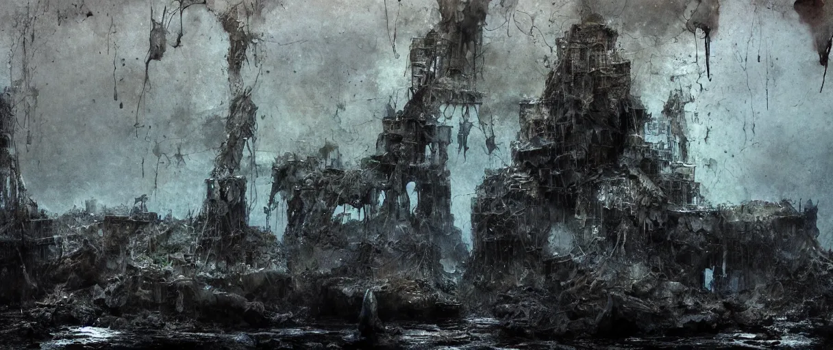 Image similar to wet collodion photography of sunken city of r'lyeh with non - euclidean geometry by emil melmoth zdzislaw beksinki craig mullins yoji shinkawa realistic render ominous detailed photo atmospheric by jeremy mann francis bacon and agnes cecile ink drips paint smears digital glitches glitchart