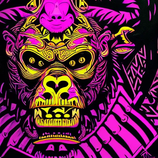 Image similar to barong family member, wiwek, mara demon, one single tribe member, jungle, one single mask, dark, ancient warrior, gorilla, lizard, tribal, fists visible, colors pink violet green yellow, inner glow, art by dan mumford and justin gerard