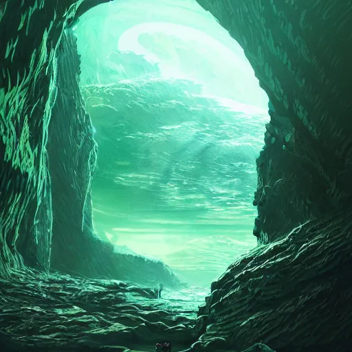 Prompt: a scary glowing green scifi portal to another world in darwin's arch in the galapagos islands, ocean and rock landscape, science fiction, intricate, elegant, highly detailed, digital painting, artstation, concept art, matte, sharp focus, illustration, in an anime style