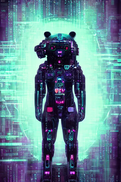 Image similar to Ghost in the shell 2017, cybernetic android asian black bear, full body pose, half robot half bear, future tech, cyber punk, neon, hyperrealist highly intricate, trending on art station, 8K