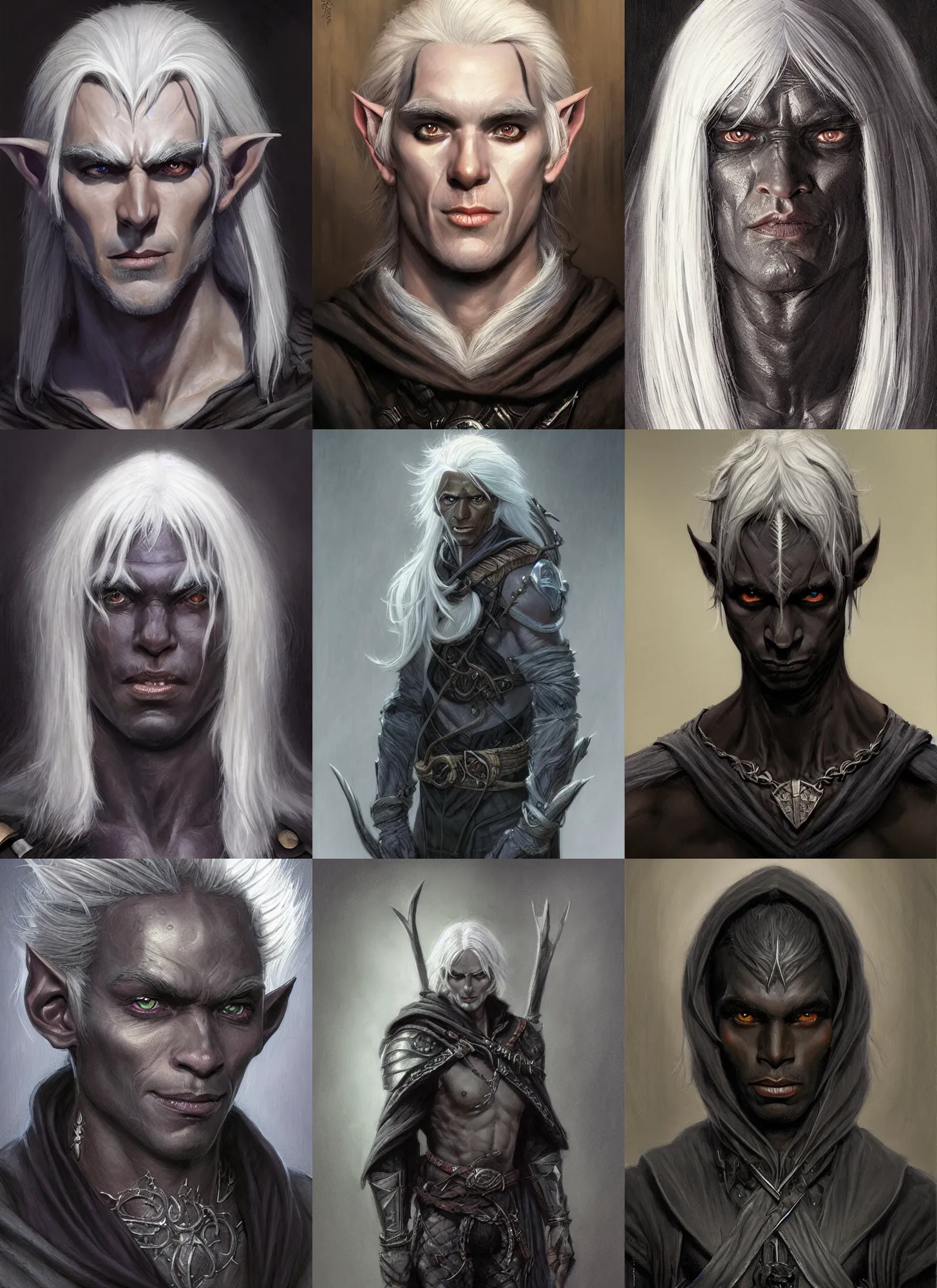 Prompt: a portrait of a dark drow elf male, medium length white hair, young adult, happy, pointed chin, charcoal color skin, curious, style by donato giancola, wayne reynolds, jeff easley dramatic light, high detail, cinematic lighting, artstation, dungeons and dragons