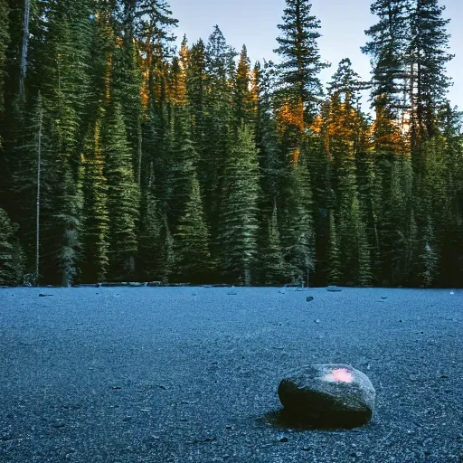 Prompt: there is a single rock hovering above a clear blue lake in a clearing in the middle of an evergreen forest at dawn