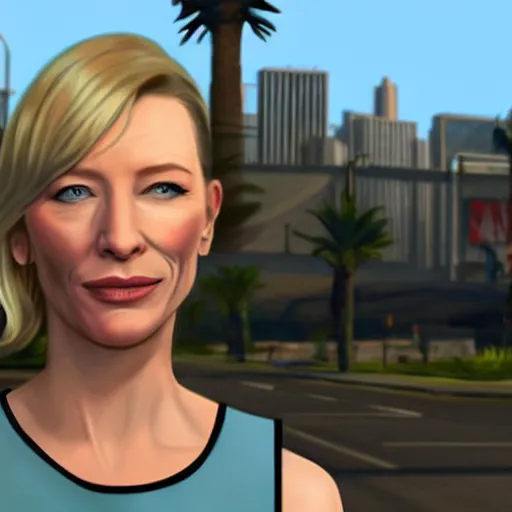 Image similar to cate blanchett in GTA v. Los Santos in the background, palm trees. In the art style of Stephen Bliss.