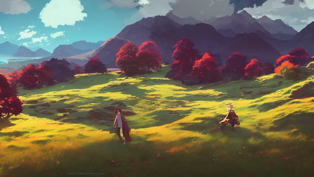 Image similar to landscape of a the scottish highlands, rich vivid colors, ambient lighting, dynamic lighting, 4k, HQ, official media, concept art, anime key visual, makoto shinkai, ilya kuvshinov, lois van baarle, rossdraws, detailed, trending on artstation