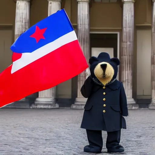 Prompt: a portrait of a socialist bear in a military uniform with a big hat, waving a red flag in Berlin, 4K realistic, hyper detailed, cinematic lighting, wow factor, award winning photo