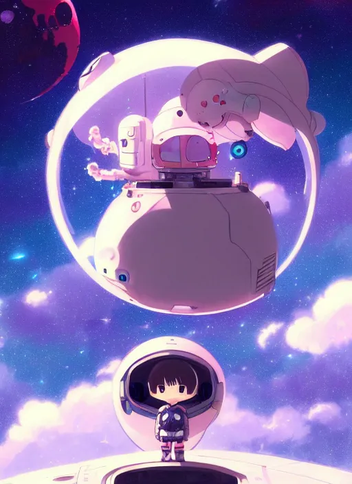 Image similar to portrait of cute kawaii astronaut android floating around a large biomechanical kaiju dragon, nebulous background of dynamic space, a dramatic composition by wlop and greg rutkowski and makoto shinkai and studio ghibli and kyoto animation cute bubbly clothing