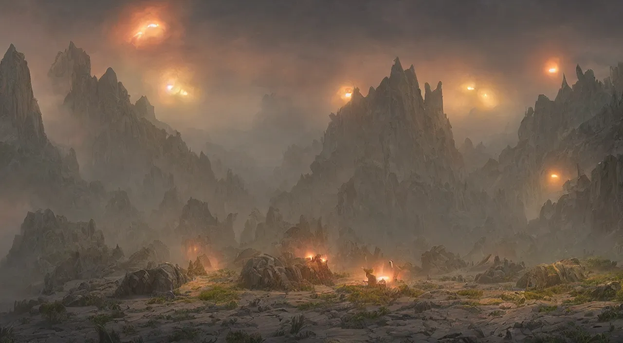 Image similar to technicolor dinosaurs, glowing with magic, surrounded by slate grey walls, matte painting, fantasy art, concept art, greg rutkowski, james gurney, johannes voss, hasui kawase.