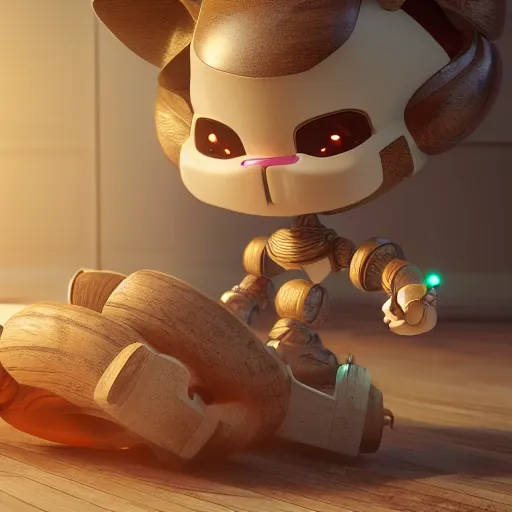 Prompt: 3 d octane render ultra 8 k photorealistic hyper detailed unreal engine an art wooden toys that represent a mythical robot your cute with cat ears