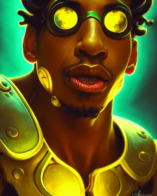 Prompt: lucio from overwatch, fantasy, fantasy art, character portrait, portrait, close up, highly detailed, intricate detail, amazing detail, sharp focus, vintage fantasy art, vintage sci - fi art, radiant light, caustics, by boris vallejo