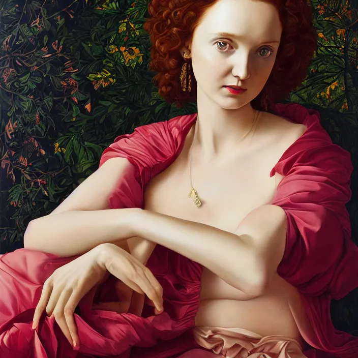 Prompt: a portrait of lily cole, dramatic, sensual, dark background, by kehinde wiley, by elizabeth peyton, by lizzie riches