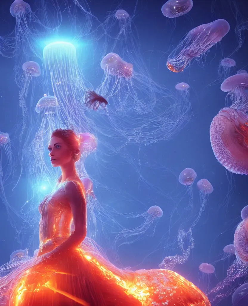 Image similar to close-up portrait of a beautiful princess floating in ethereum surrounded by floating jellyfish, energy flows of fire and water, flashes of plasma, 3d with depth of field, blurred background, a highly detailed epic cinematic concept art CG render. made in Maya, Blender and Photoshop, octane render, excellent composition, cinematic dystopian brutalist atmosphere, dynamic dramatic cinematic lighting, aesthetic, very inspirational, arthouse. y Greg Rutkowski, Ilya Kuvshinov, WLOP, Stanley Artgerm Lau, Ruan Jia and Fenghua Zhong