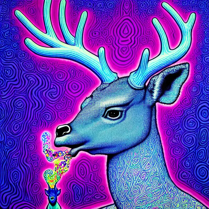 Image similar to an anthropomorphic male blue deer wearing a violet tracksuit blowing a bubble, by alex grey and jackson pollock, intricate details, artstation, psychedelic, hd, beautiful