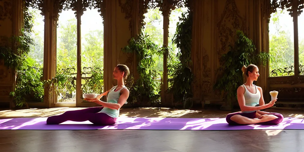 Image similar to a yoga instructor having fancy tea time with her pet mallard duck, the duck is also enjoying the tea. They are at a beautiful tea table inside an opulent, ornate, abandoned overgrown Palace of Versailles, lush plants growing through the floors and walls, walls are covered with vines, beautiful, dusty, golden volumetric light shines through giant broken windows, golden rays fill the space with warmth, rich with epic details and dreamy atmosphere