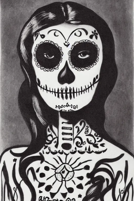 Image similar to illustration of a sugar skull day of the dead girl, art by man ray