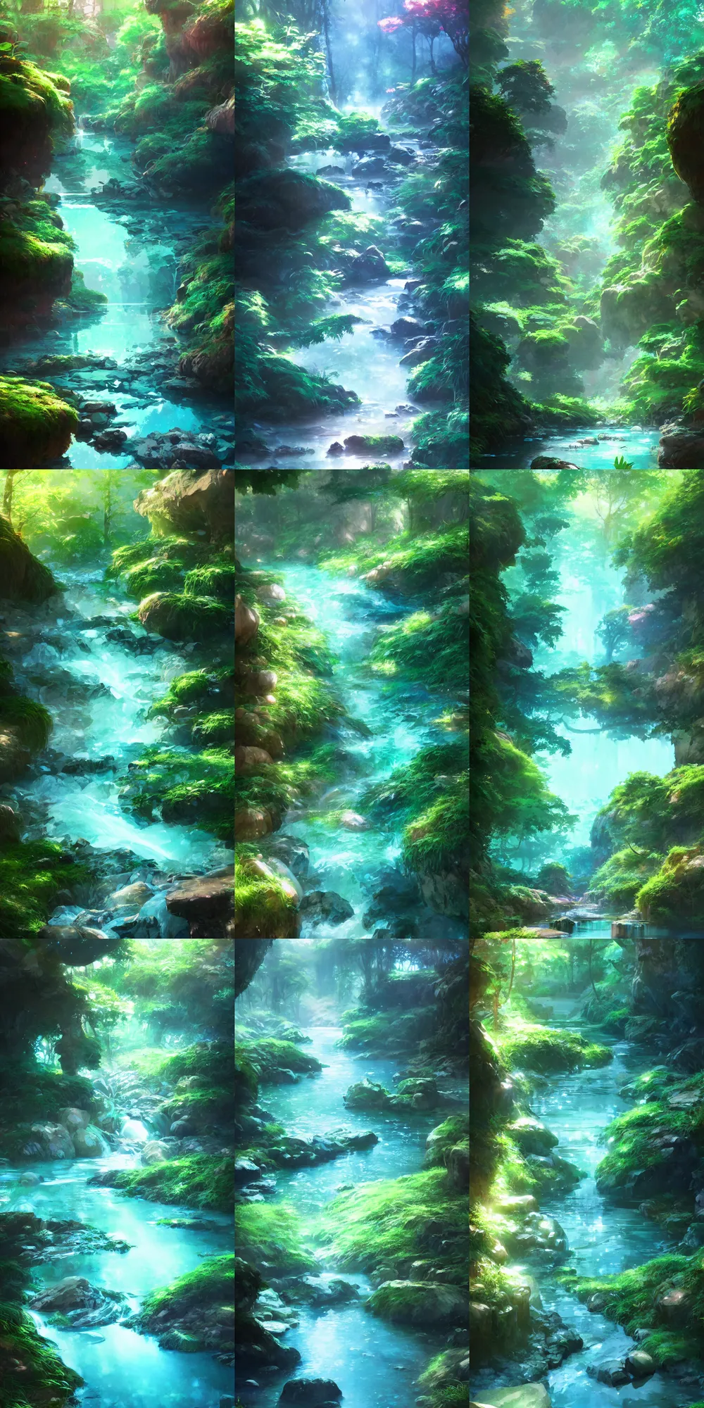 Prompt: natural water stream clear aqua water, lush trees, plants, rocks, boulders, stones, plants, digital art, illustration, vibrant color, wenjun lin, studio ghibli, makoto shinkai, pixiv, refractions, film grain