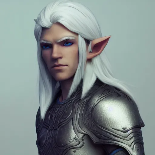 Image similar to a highly detailed male elf in full length, with white long hair, white clothes, bright blue eyes, artstation, DeviantArt, professional, octane render