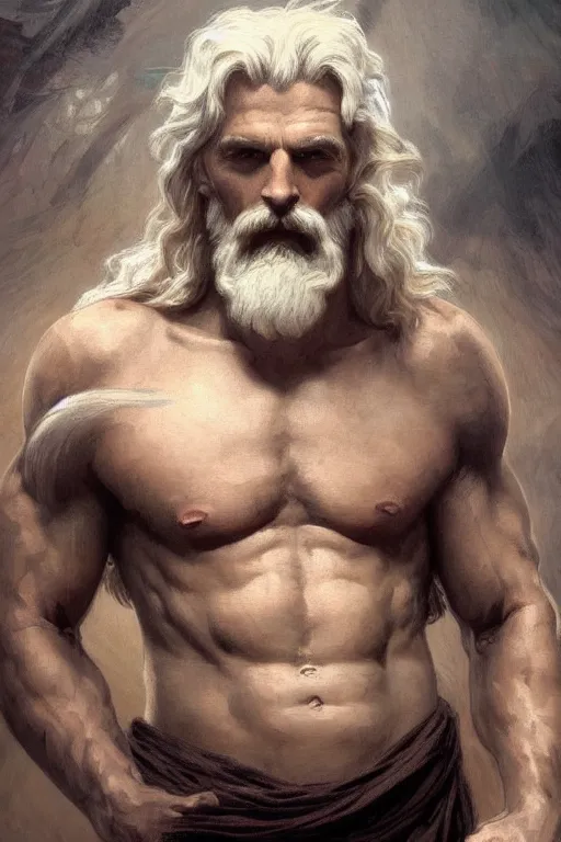 Prompt: painted portrait of rugged zeus, god of thunder, greek god, white hair, masculine, mature, handsome, upper body, black, muscular, hairy torso, fantasy, intricate, elegant, highly detailed, digital painting, artstation, concept art, smooth, sharp focus, illustration, art by gaston bussiere and alphonse mucha