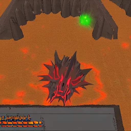 Image similar to TzKal-Zuk at the Inferno, old school runescape, lava river, magma, large shield of magma, obsidian pillars