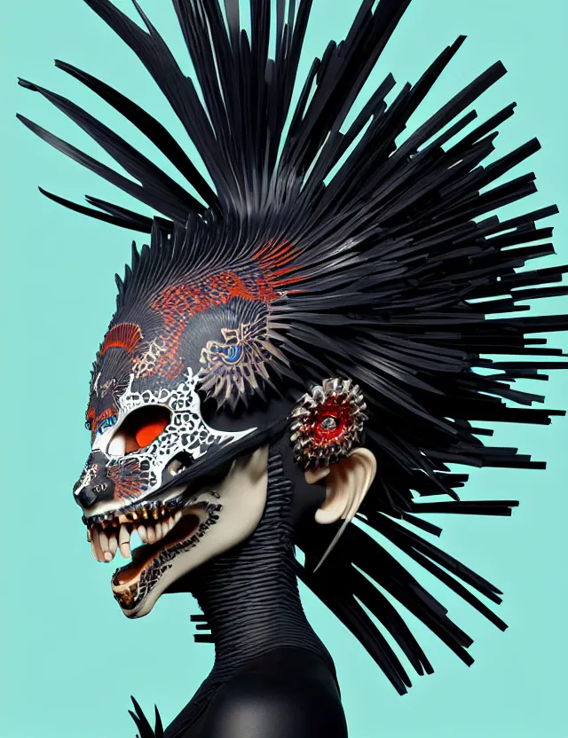 Image similar to 3 d goddess close - up profile simple portrait punk with mohawk with tiger skull. beautiful intricately detailed japanese crow kitsune mask and clasical japanese kimono. betta fish, jellyfish phoenix, bio luminescent, plasma, ice, water, wind, creature, artwork by tooth wu and wlop and beeple and greg rutkowski