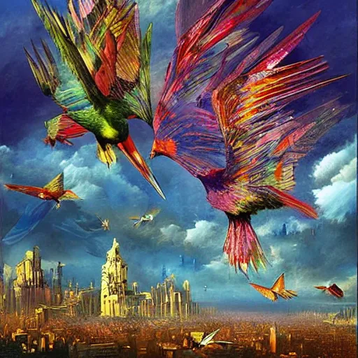 Prompt: iridescent colorful digital birds fly over a progressively rasterized city into virtuality, oil on canvas by dave mckean and ivan shishkin