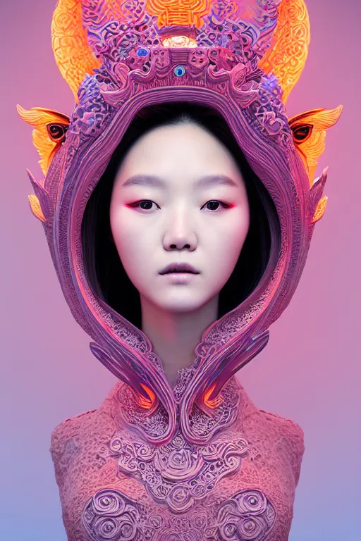 Image similar to 3 d goddess medium shot profile portrait. beautiful intricate highly detailed korean gumiho mask and traditional korean hanbok. stingray, magpie, bio luminescent, plasma, lava, ice, water, wind, creature, volumetric lighting, artwork by tooth wu and wlop and beeple and greg rutkowski, trending on artstation,