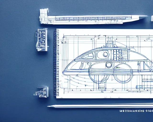 Image similar to blueprint of spaceship, technical drawing on blue notebook, intricate detail, centered with clean background, studio lighting, award winning photography, 8 k