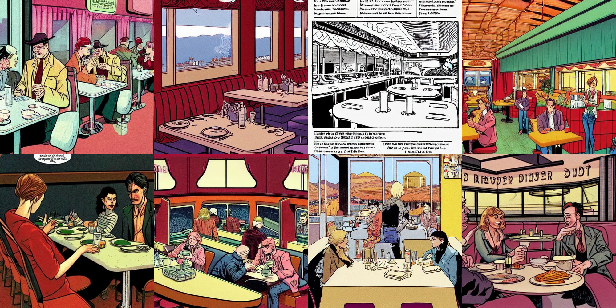 Prompt: RR Diner from Twin Peaks comic artwork by Moebius