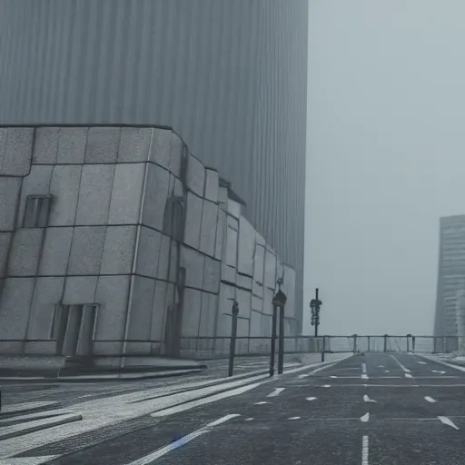 Prompt: wide - angle view of a deserted city with brutalism architecture and stone buildings with overcast and foggy weather. detailed, ultra - realistic, 4 k.