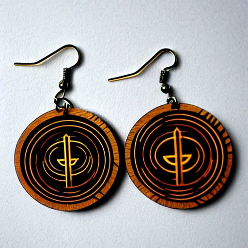 Image similar to 2 d wood lasercut earrings, mystical symbols, 8 k, hd, trending on amazon on artstation, trending on deviantart, trending on etsy, epic digital art