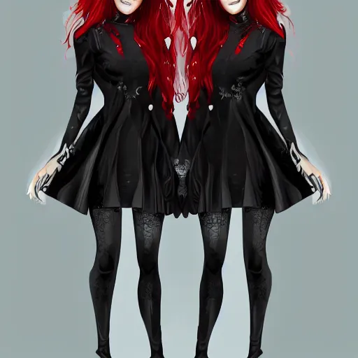 Image similar to twins wearing a gothic dress, full body shot, red hair, highly detailed, digital painting, artstation, concept art, smooth, sharp focus, illustration