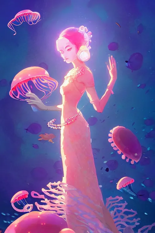 Prompt: a beautiful queen of ocean in the middle of coral reefs, pearl crystal jewelry, complex and shiny dress inspired by jellyfish, by ross tran and atey ghailan, by greg rutkowski, by greg tocchini, by james gilleard, by joe fenton, by kaethe butcher, dynamic lighting, grunge aesthetic