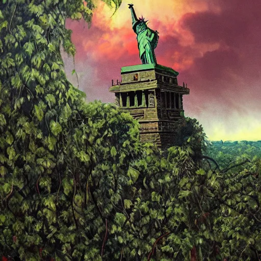 Prompt: close up of statue of liberty reclaimed by the jungle , surrounded by tall vines in oversized misty jungle, dramatic sunset and dramatic sky , very detailed oil painting by frazetta, low angle, postapocalyptic panorama.asthetics !