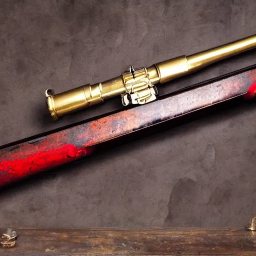 Image similar to a shotgun made from glossy red - painted wood and elements of gold metalwork